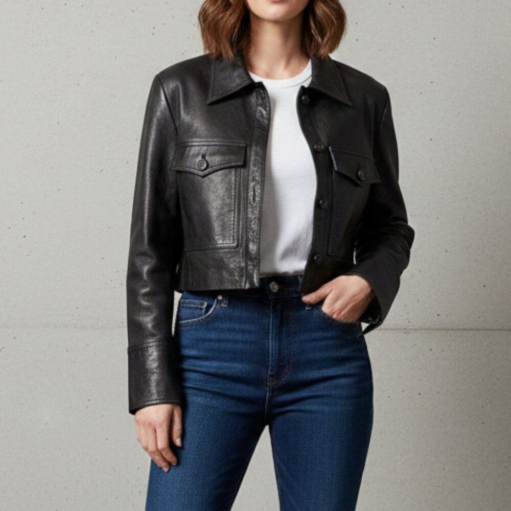 Magda Butrym Cropped Sheep Leather Biker Jacket Silk Lining Women's 36 - Black